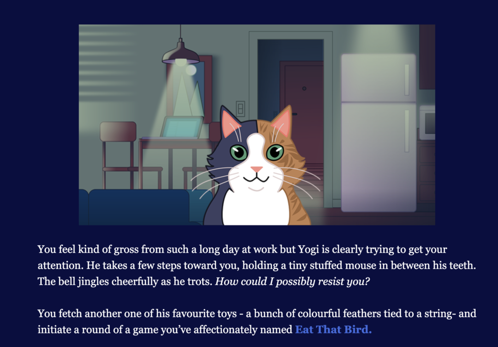 A screenshot from the game "It Comes In Waves" in which the main character plays with their cat.