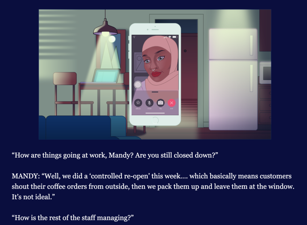A screenshot from the game "It Comes In Waves" in which the main character talks to her best friend Mandy on the phone about their working conditions.