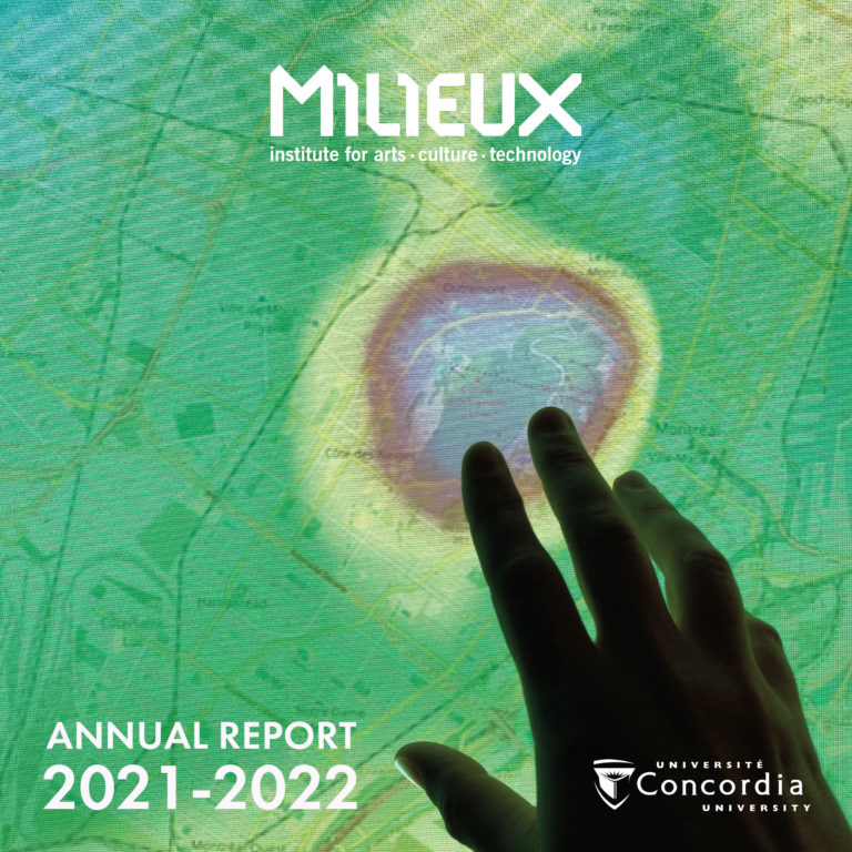 This image depicts the cover of Milieux's Annual Report for 2021-2022, which is an image of a hand pointing to a projection of a map.